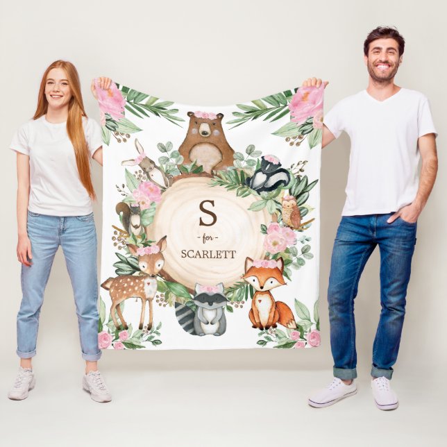 Couverture Polaire Pink Floral Woodland Animaux sur mesure Nom du mon (En situation)