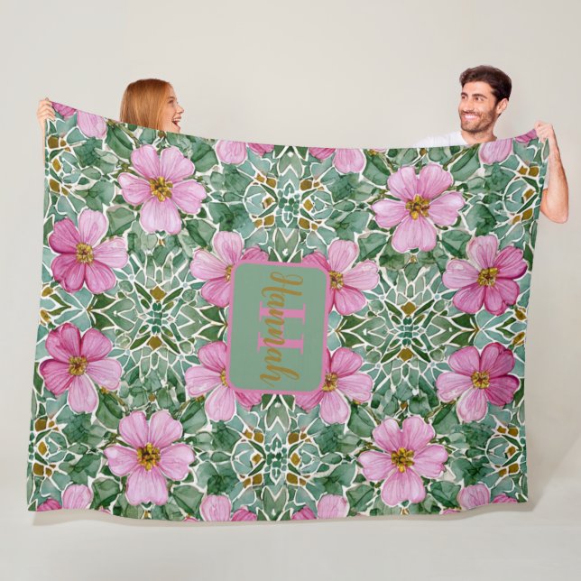 Couverture Polaire Pink Garden Mosaic Fleece Blanche (En situation)