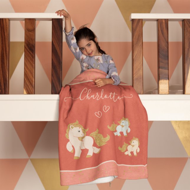 Couverture Polaire Pink Glitter Ponies with First Name Little Girl (Créateur téléchargé)