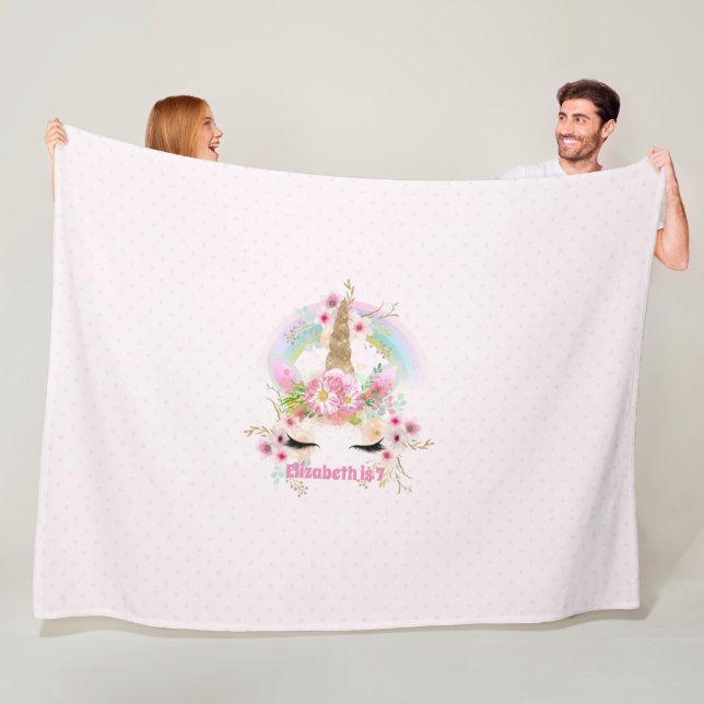 Couverture Polaire Pink Gold UNICORN Fleurs arc-en-ciel Filles NOMMÉE (En situation)