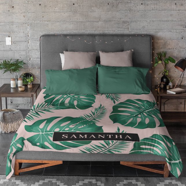 Couverture Polaire Pink & Green Palm Feuille Motif & nom (Créateur téléchargé)