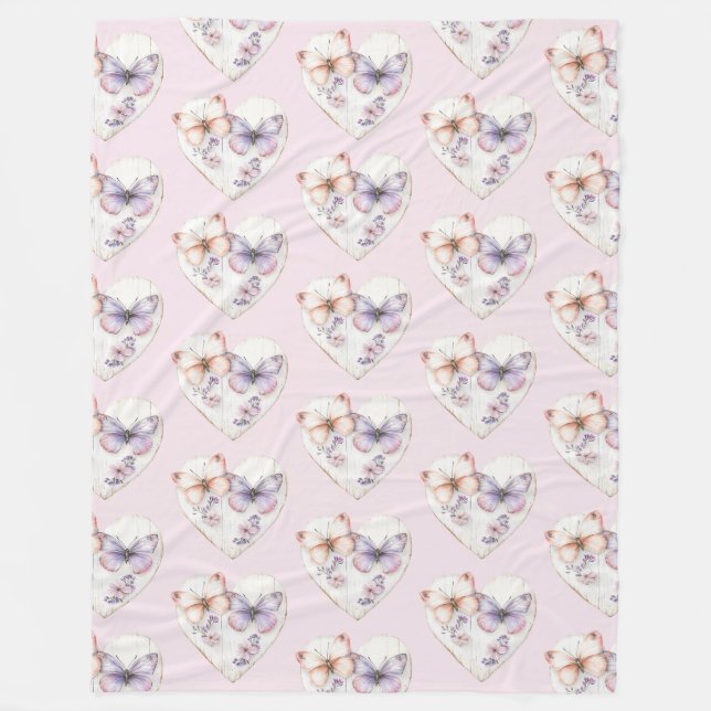 Couverture Polaire Pink Lavender Floral Heart Butterflies Birthday (Devant)
