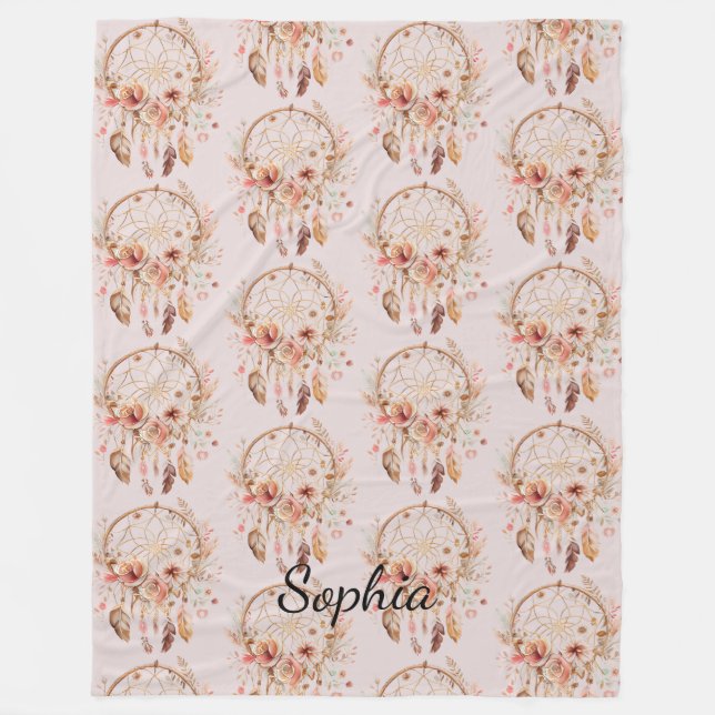 Couverture Polaire Pink Love Boho Floral Feathers Dream Catcher (Devant)