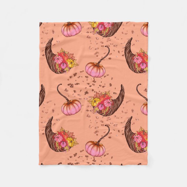 Couverture Polaire Pink Pumpkin with Autumn Leaves and Horns (Devant)