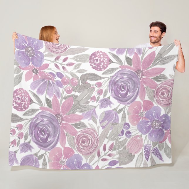 Couverture Polaire Pink Purple Sage Green Floral Watercolor (En situation)