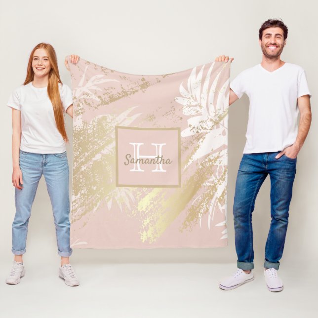 Couverture Polaire Pink rose or rousse feuille feuillage monogramme (En situation)