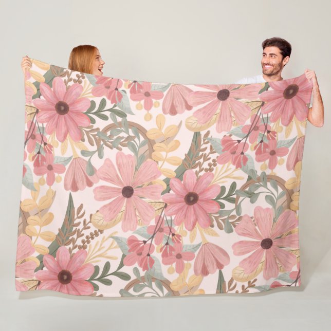 Couverture Polaire Pink Sage Vert Floral Feuille Motif d'aquarelle (En situation)