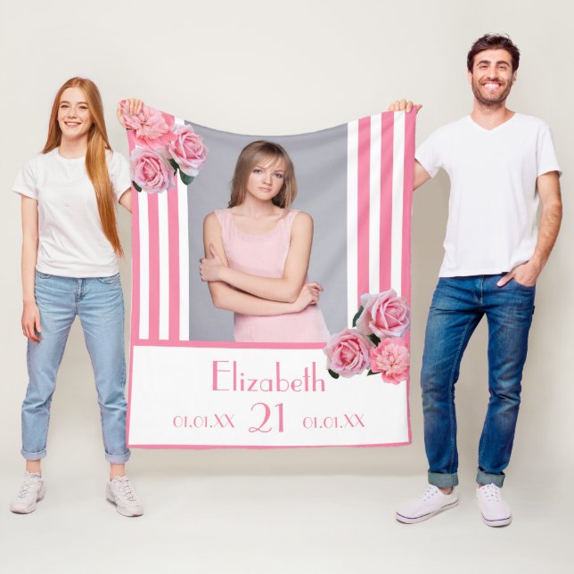 Couverture Polaire Pink stripes floral photo nom 21e anniversaire (En situation)