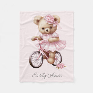 Couverture Polaire Pink Teddy Bear Flowers Bicycle Nom de l'enfant
