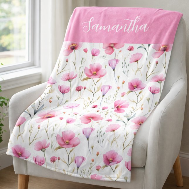 Couverture Polaire Pink Wildflower Watercolor Name  (Créateur téléchargé)