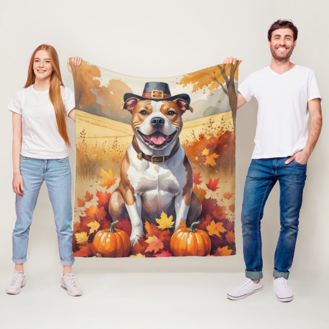 Couverture Polaire Pitbull en automne feuilles d'art de Thanksgiving (En situation)