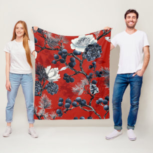 Couverture Polaire Pivoine Magnolia Chinoiserie Indigo Cramoisi Hiver