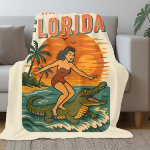 Couverture Polaire Plage de surf pin-up rétro côtier avec alligator s
