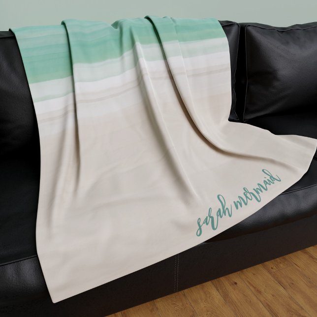 Couverture Polaire Plage moderne Ocean Beach Blanche polaire de sable (A modern turquoise sea and a sandy beach fleece blanket waiting for you to add your name.)