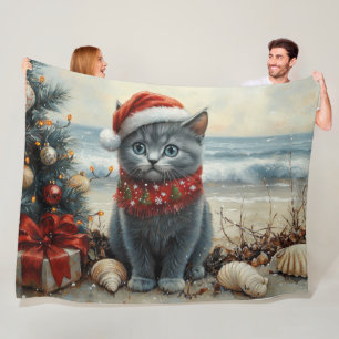 Couverture Polaire Plage Vintage de Noël de chat bleu russe