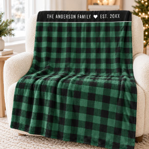 Couverture Polaire Plaid Buffalo Vert Monogramme Nom de Famille
