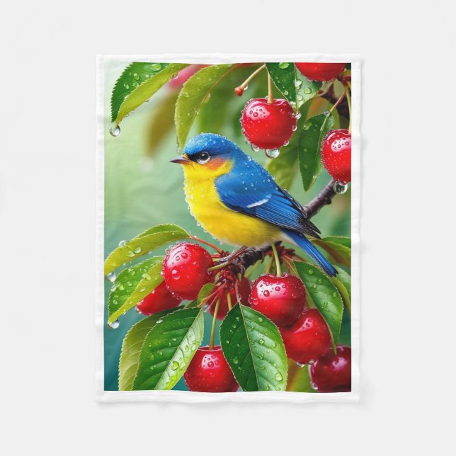 Couverture Polaire Plaid Couvre-lit Oiseau Bleu Mignon et Cerises (Devant)
