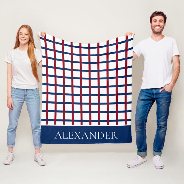 Couverture Polaire Plaid de bleu marine et de rouge sur le blanc (En situation)
