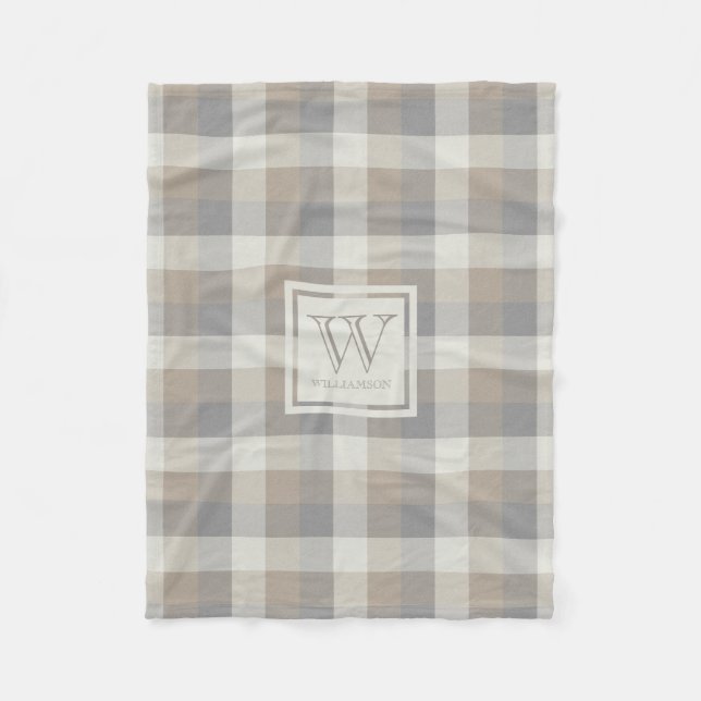 Couverture Polaire Plaid Monogramme Neutre Gris Taupe et Ivoire (Devant)