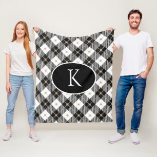Couverture Polaire Plaid noir blanc or personnalisé avec monogramme