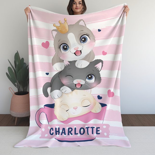 Couverture Polaire Plaid pour filles avec chats de dessin animé migno (Girls Blanket with Cute Cartoon Cats Pink Stripes)