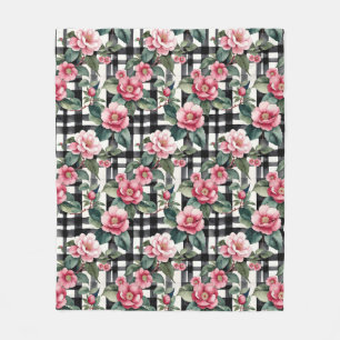 Couverture Polaire Plaqué noir et blanc avec Camellias rose feuillus