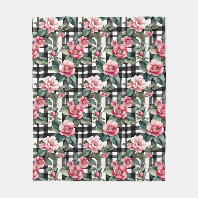 Couverture Polaire Plaqué noir et blanc avec Camellias rose feuillus (Devant)