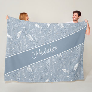Couverture Polaire plumes bleues poussiéreuses paislies doodé fleuri