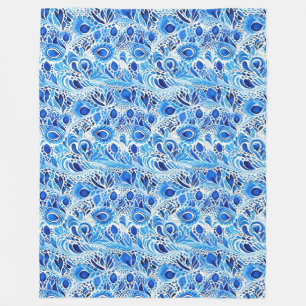 Couverture Polaire Plumes de paon bleu blanc