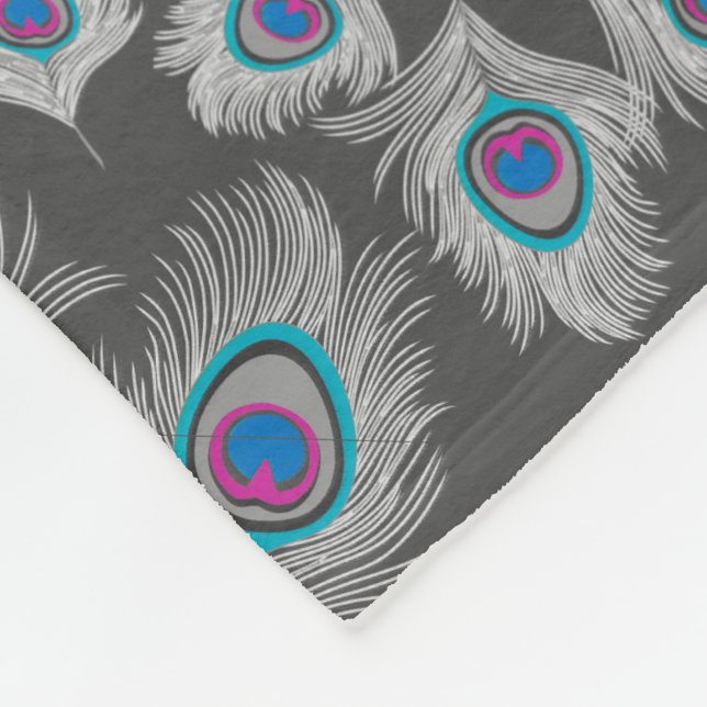 Couverture Polaire Plumes Peacock gris argenté et turquoise (Coin)
