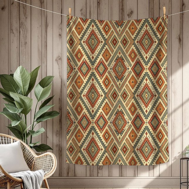 Couverture Polaire Plumes tribales traditionnelles dynamiques (Traditional Ethnic vibrant Tribal feathers brown Fleece Blanket)