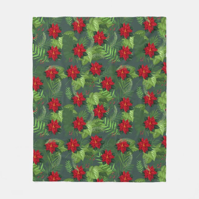 Couverture Polaire Poinsettia fleur motif Fleece Blanche (Devant)