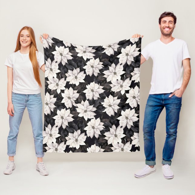 Couverture Polaire poinsettia noir et blanc chic (En situation)