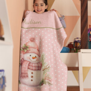 Couverture Polaire Pointe Polka Pink Snowman Personnalisée Blanche po
