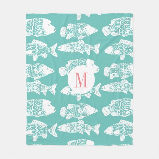 Couverture Polaire Poisson floral blanc côtier tendance | Monogramme (Devant)