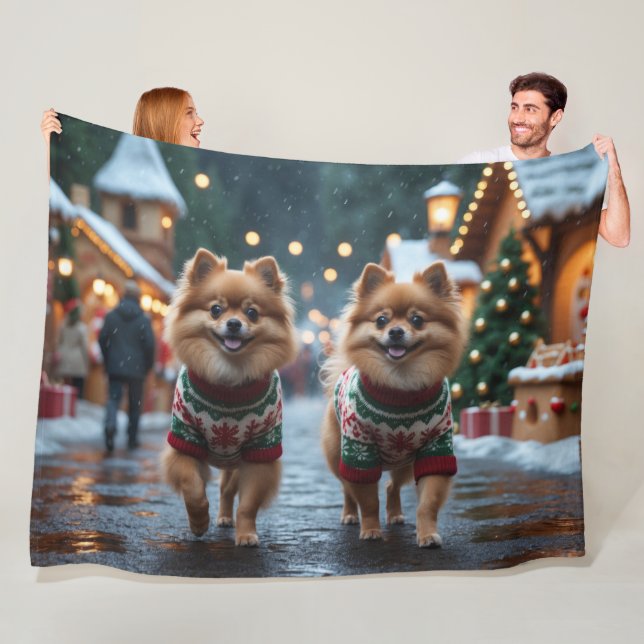 Couverture Polaire Pomeranian Dogs Christmas Snow Holiday  (En situation)