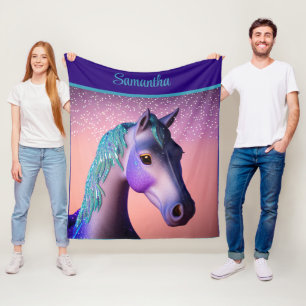 Couverture Polaire Pony magique en violet et Turquoise avec nom perso
