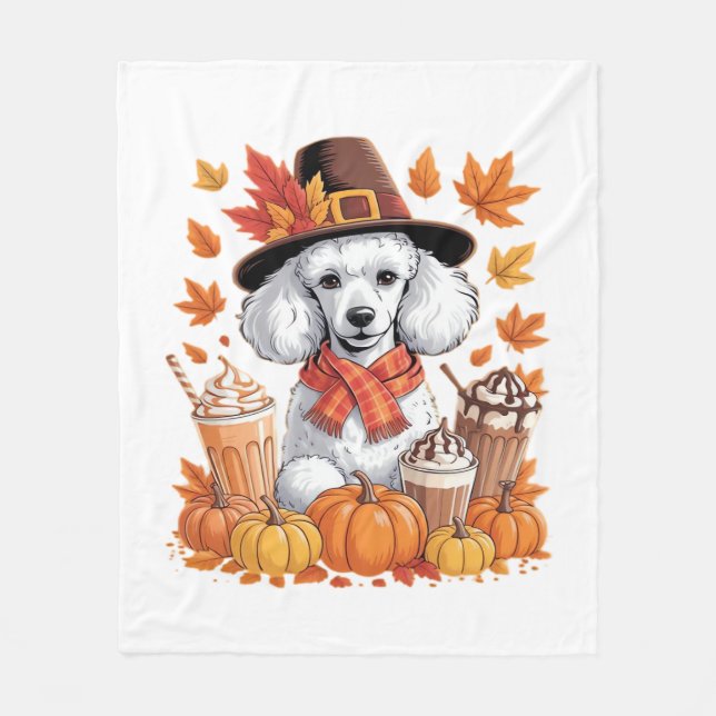 Couverture Polaire Poodle Thanksgiving Boissons Café Automne Feuilles (Devant)