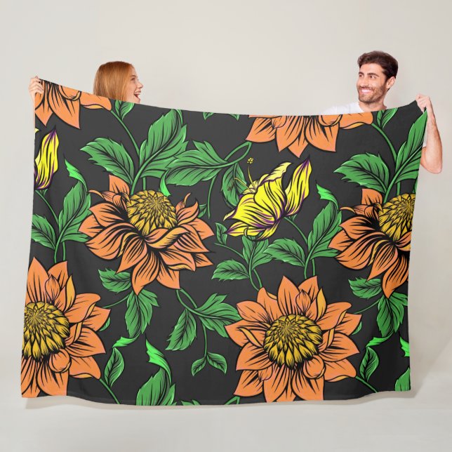 Couverture Polaire Pop Fleurs Lumineuses de l'Arrière - plan noir (En situation)