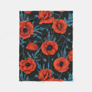 Couverture Polaire Poppies, rouge et bleu sur noir