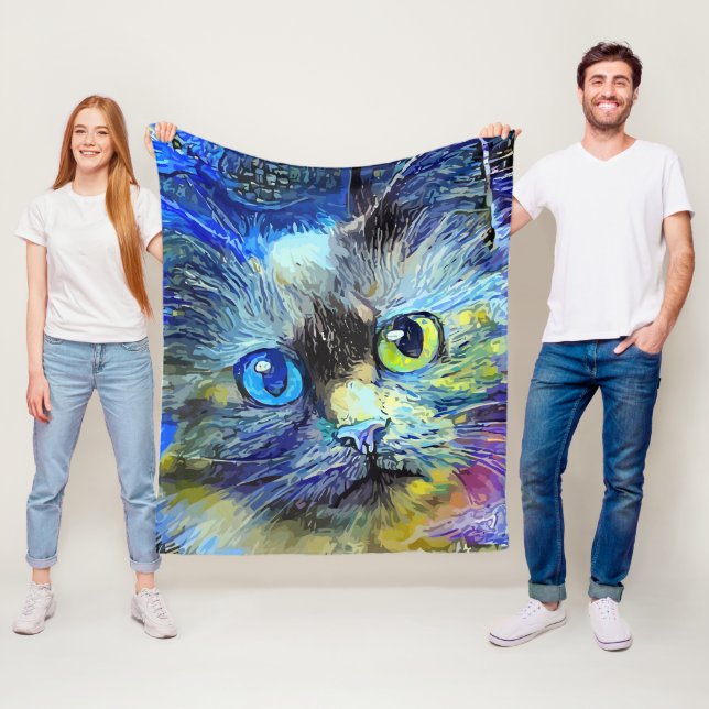 Couverture Polaire Portrait de chat impressionniste bleu jaune noir (En situation)