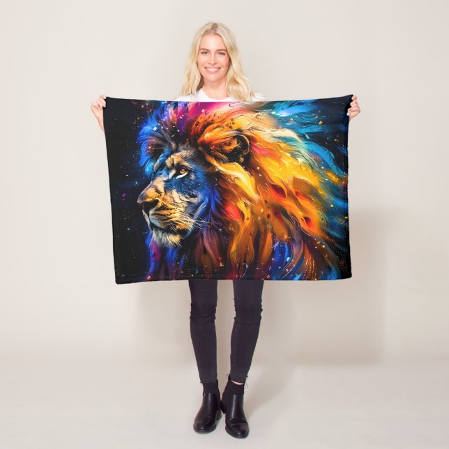 Couverture Polaire Portrait de lion abstrait de faune cosmique (En situation)
