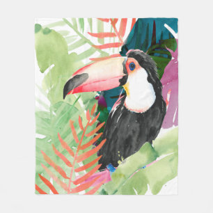 Couverture Polaire Portrait toucan avec Feuilles tropicaux
