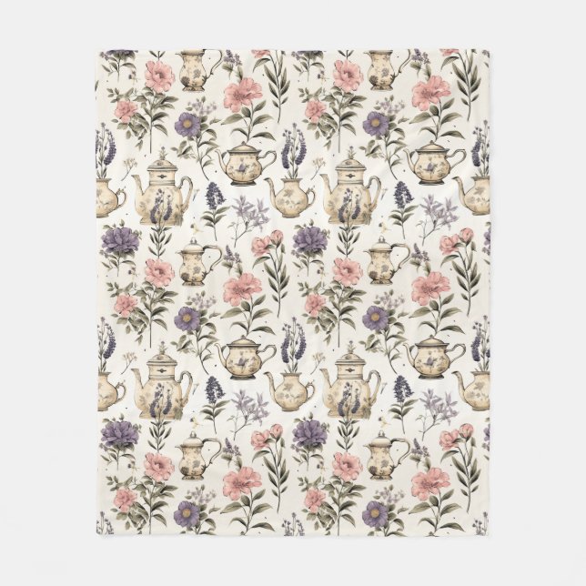 Couverture Polaire Pots de thé vintages et fleurs (Devant)