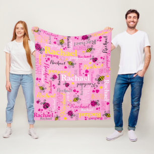 Couverture Polaire Pouilles roses abeilles et coeurs filles nom perso