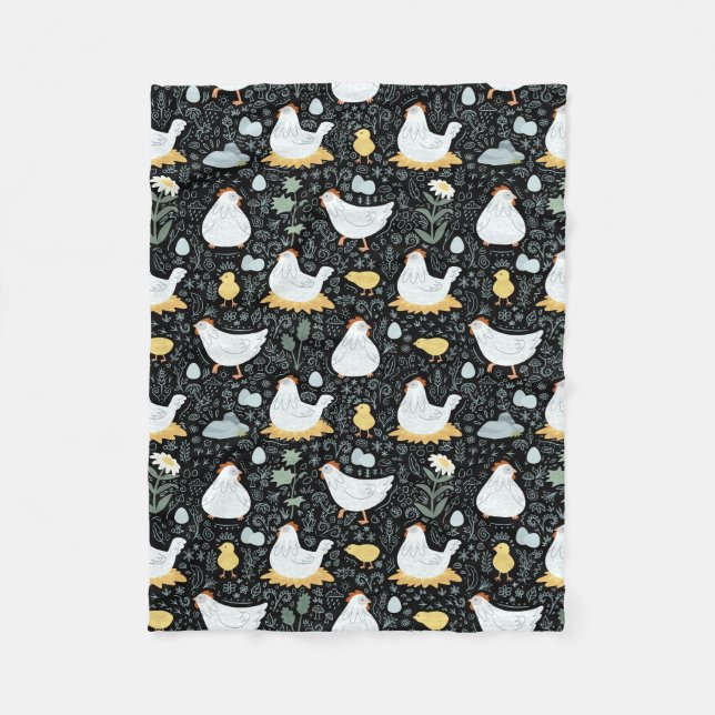 Couverture Polaire Poules rêvant dans le poulailler en noir (Devant)