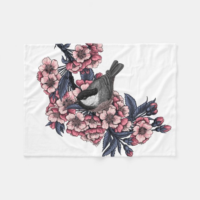 Couverture Polaire Poulet sur une branche de cerise en fleurs (Devant (Horizontal))