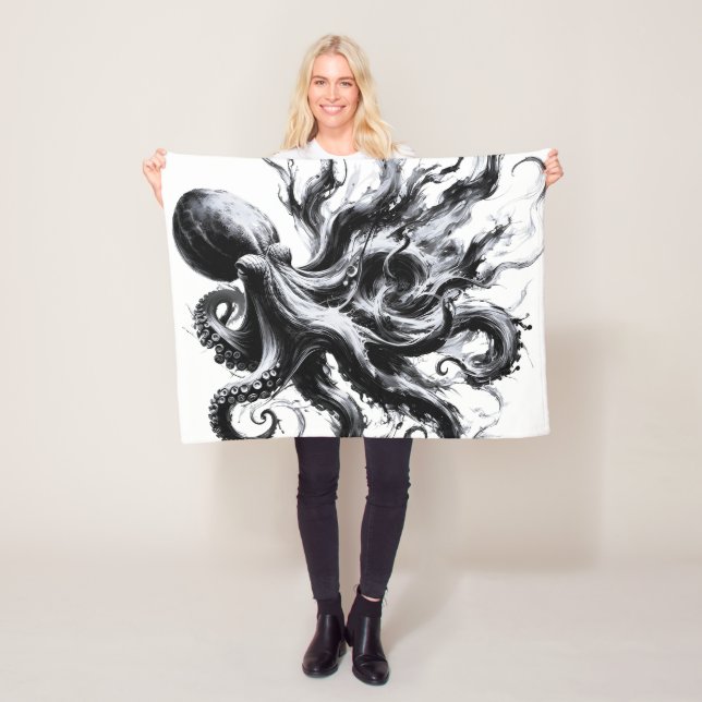 Couverture Polaire Poulpe Kraken Fluide Encre Abstraite (En situation)