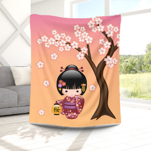 Couverture Polaire Poupée de Sakura Kokeshi - fille de geisha sur la
