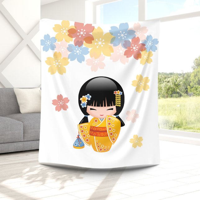 Couverture Polaire Poupée d'été Kokeshi - Kimono Jaune Geisha Girl (Créateur téléchargé)